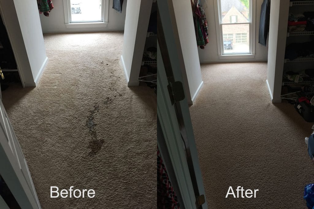 A before and after picture of the carpet in the house.