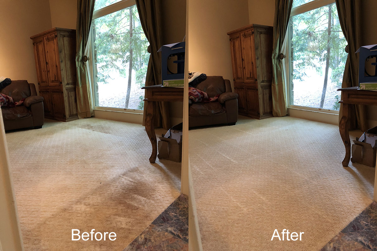 A before and after picture of the floor in a living room.