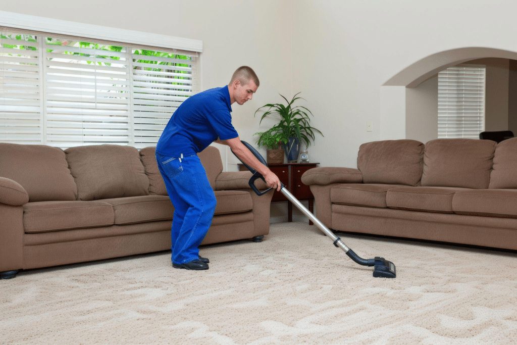 A person vacuuming a carpet.